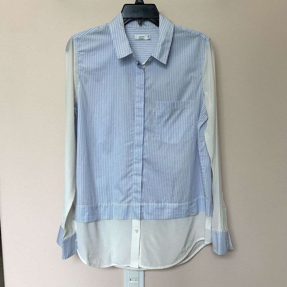 Vince Blouse Women’s 10 Cotton Silk  Long Sleeve Button Up Preppy Faux Layered